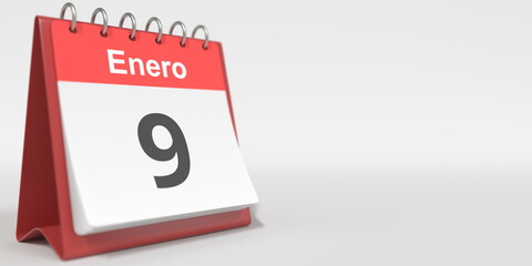 January 9 date written in Spanish on the flip calendar, 3d rendering