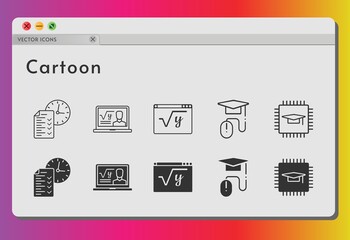 cartoon icon set. included professor, chip, test, maths, elearning icons on white background. linear, filled styles.