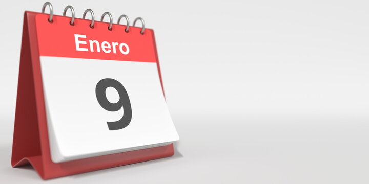 January 9 date written in Spanish on the flip calendar, 3d rendering