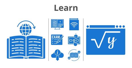 learn set. included exam, feedback, audiobook, ebook, test, maths, learning, information icons. filled styles.