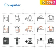computer icon set. included smartphone, desktop, student, learn, enter icons on white background. linear, bicolor, filled styles.