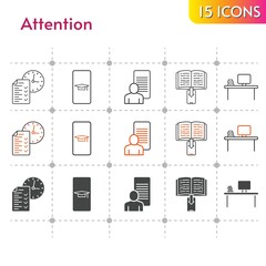 attention icon set. included student-smartphone, study, ebook, desktop, test icons on white background. linear, bicolor, filled styles.