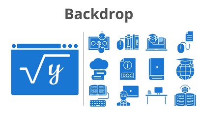 backdrop set. included test, homework, maths, learning, training, click, cloud library, teacher, desktop, books, ebook, school, doc icons. filled styles.