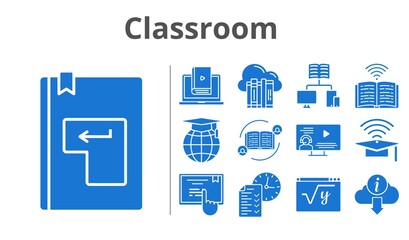 classroom set. included cloud, feedback, cap, test, instructor, learn, school, maths, book, information, touchscreen, enter icons. filled styles.