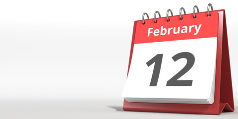 February 12 date on the flip calendar page, 3d rendering