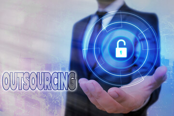 Handwriting text Outsourcing. Conceptual photo obtain goods or a service from an outside or foreign...