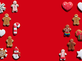 Red Xmas advertising background. Greeting card. Homemade gingerbread cookie pattern decorative frame. Fun dessert collection festive composition for kids isolated on bright empty space.