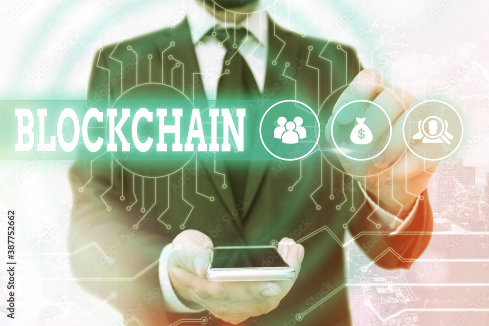 Poster text sign showing blockchain. business photo showcasing digital database containing information that