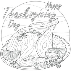 Baked turkey. Happy Thanksgiving.Coloring book antistress for children and adults. Illustration isolated on white background.Zen-tangle style.