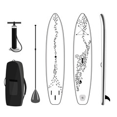 Paddle board set of objects isolated illustration.