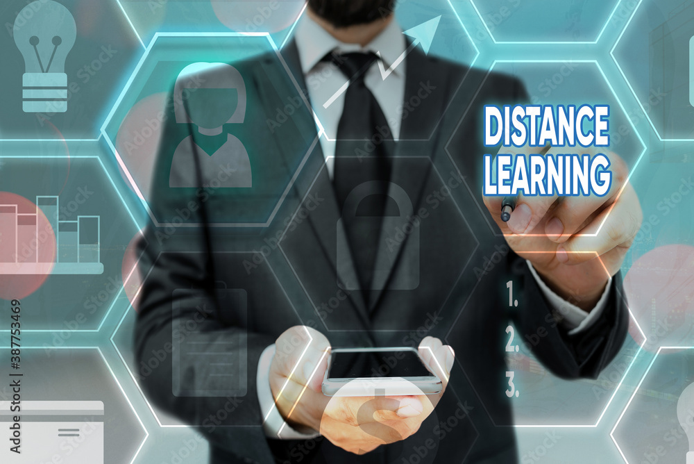 Poster writing note showing distance learning. business concept for educational lectures broadcasted over t