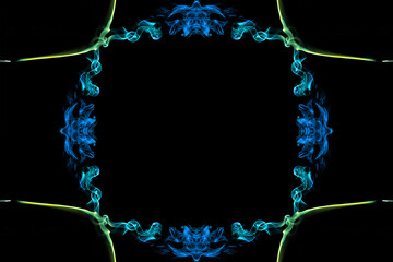 Frame and ornament of turns and swirls of colored smoke on black background. Framing for your text.