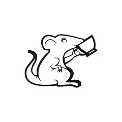 Mouse drinking coffee logo mascot illustration - cartoon character posing rat little domestic animal vector mammal cute tail fun funny young zoo laboratory standing cheese
