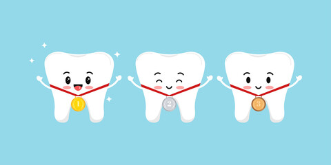 Obraz premium Teeth and medal golden, silver, bronze with laurel branches and red ribbon isolated on background. Dental tooth competition set with first, second, third place emblem. Vector flat design illustration.