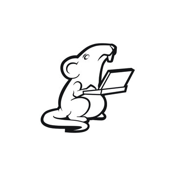 Mouse with laptop logo mascot illustration - cartoon character posing rat little domestic animal vector mammal cute tail fun funny young zoo laboratory standing cheese