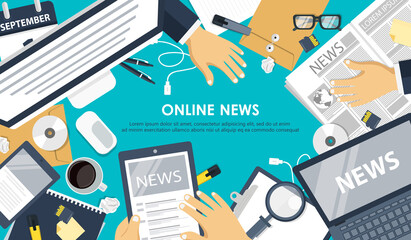 On line news concept. Information and newsletter flat banner. Business and market news. Flat vector illustration