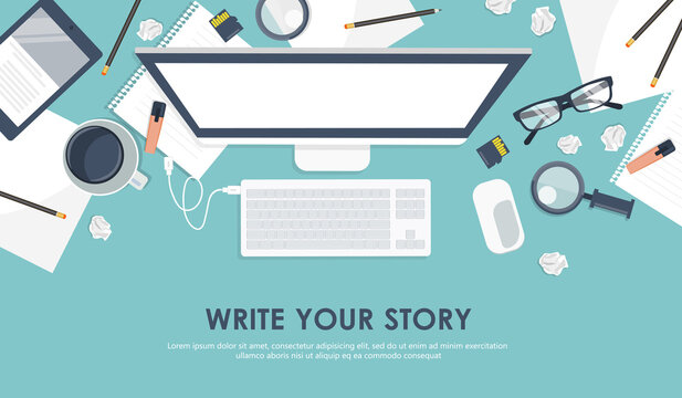 Write your story business banner for journalism. Flat vector illustration