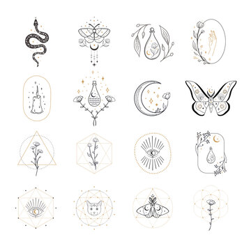 Collection of vector abstract spiritual line drawing logo design templates and elements, frames, detailed decorative illustrations and icons for various ocasions and purposes. Trendy lineart style