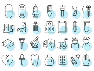医療　アイコン素材　絆創膏　ワクチン　体温計　血圧計　医者　看護師　病院　菌　車椅子　マスク　骨折等