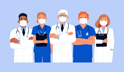 Team of doctors and nurses in medical masks. A group of health workers during the coronavirus epidemic