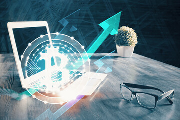 Double exposure of blockchain theme hologram and table with computer background. Concept of bitcoin...