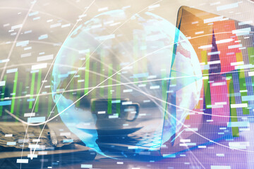 Multi exposure of business theme icons and work space with computer background. Concept of success.