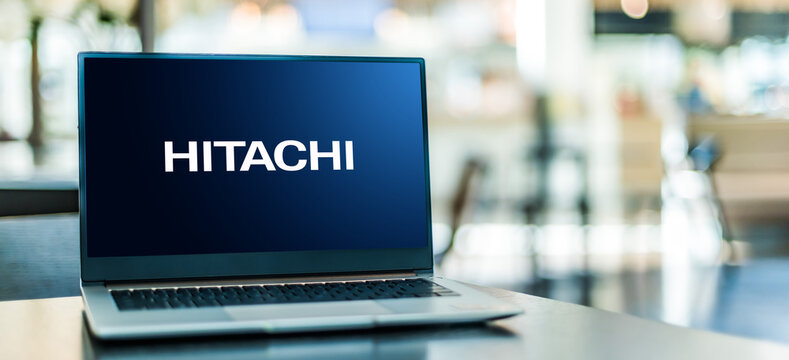 Laptop computer displaying logo of Hitachi