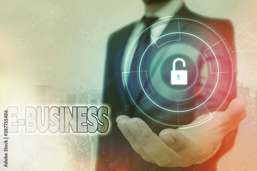 Poster handwriting text e business. conceptual photo the process of conducting commercial transaction over 