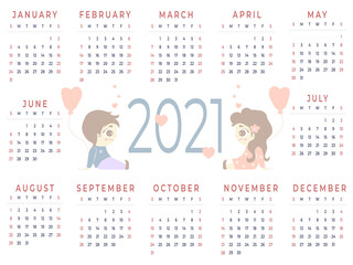 Calendar 2021. Horizontal Template for a year - 12 months. Lovers. Cute beautiful girl and boy with balloons in their hands. Stationery, printing, romantic calendar, childrens collection. Vector