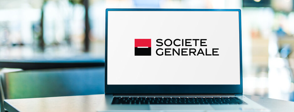 Laptop computer displaying logo of Societe Generale