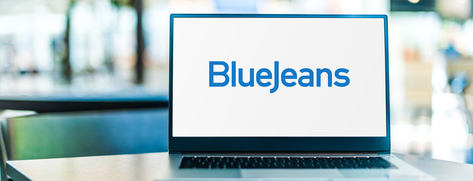Laptop computer displaying logo of BlueJeans