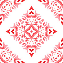 Red seamless ornamental watercolor tiled pattern hand drawn graphic
