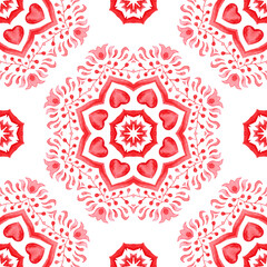 Red seamless ornamental watercolor arabesque paint tile pattern for fabric