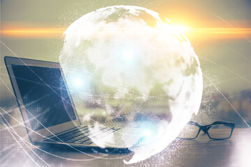 Multi exposure of business theme icons and work space with computer background. Concept of success.