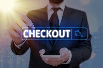Word writing text Checkout. Business photo showcasing the act of examining and testing something...