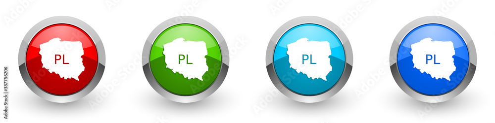 Leinwandbilder Map of Poland silver metallic glossy icons, set of modern design buttons for web, internet and mobile applications in four colors options isolated on white background
