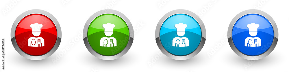 Poster chef, restaurant concept silver metallic glossy icons, set of modern design buttons for web, interne