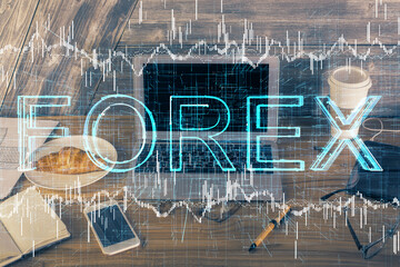 Multi exposure of chart and financial info and work space with computer background. Concept of international online trading.