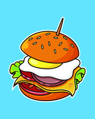 Illustration of hamburger cartoon. Fast food meal. Isolated on blue background