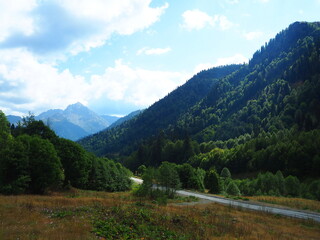 Fototapeta na wymiar Mountains in the Republic of Abkhazia. Beautiful nature and mountain peaks in Abkhazia