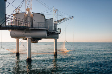 Marina di Ravenna, Ravenna / Italy - August 2020: Fishing huts of the Zaccagnini pier