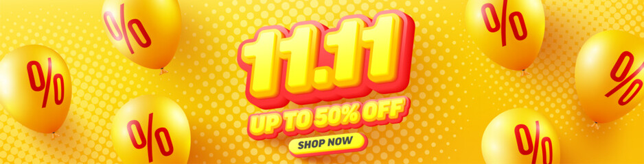 11.11 Sale 50% off poster or flyer design for Retail,Shopping or Promotion in yellow and red style.Global Sale banner and poster template yellow balloons.Vector illustration eps 10