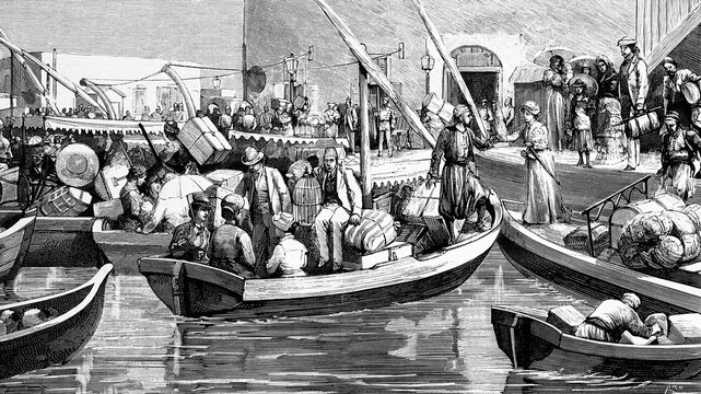 Alexandria, Egypt, European families leaving the city before the imminence of the bombing. Antique illustration. 1882.