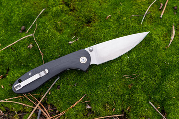The knife is placed diagonally on the moss. View from above.