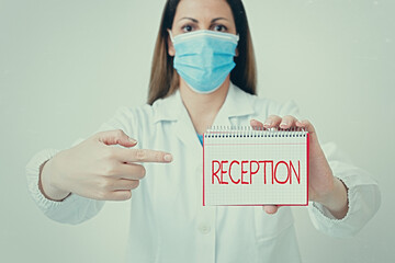 Writing note showing Reception. Business concept for social gathering often for the purpose of...