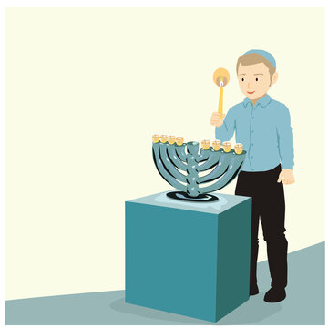 Lighting Hanukkah candles (Jewish holiday)
A religious, orthodox child, holding a large candle in his hand, in front of him is a menorah on a table.
Vector drawing in pastels tones