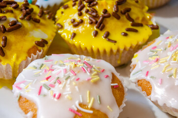 Closeup view of homemade cupcakes decorated with sugar frosting and hundreds and thousands.