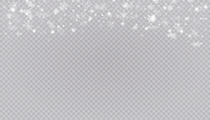 White snow flies on a transparent background. Christmas snowflakes. Winter blizzard background illustration.