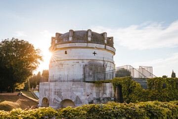 Ravenna / Italy - August 2020: Mausoleum of Theodoric at sunset, blue sky with clouds