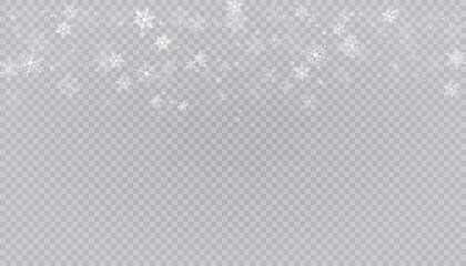 White snow flies on a transparent background. Christmas snowflakes. Winter blizzard background illustration.